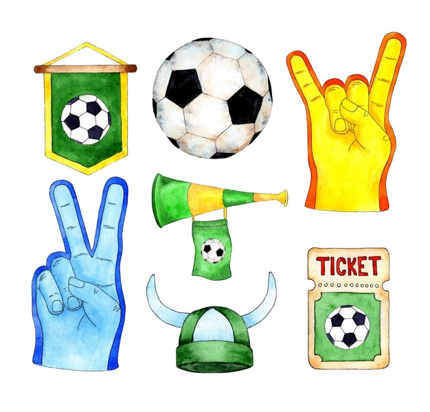 Foto conjunto de ilustración acuarela de aficionado al fútbol, guante de fútbol, boleto de partido de pelota, cuerno, banderín, sombrero de ventilador i
