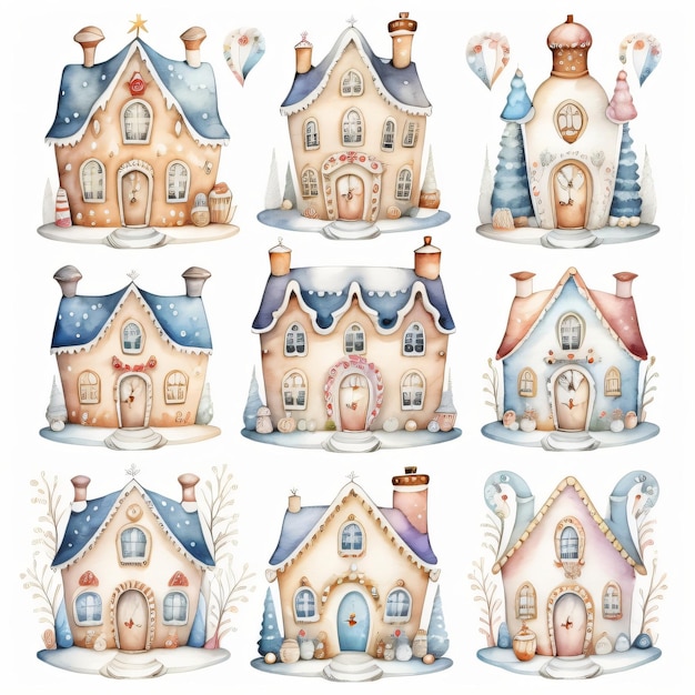 conjunto de ilustración acuarela de casas de invierno en la nieve