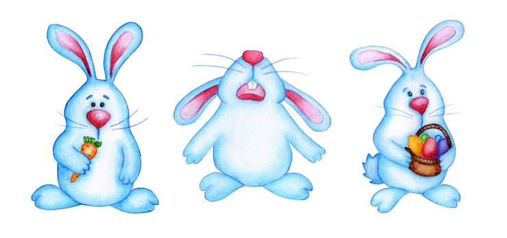 Foto conjunto de ilustración acuarela de conejos de pascua azul. liebres de dibujos animados lindo dibujo para niños. pascua, tradición, religión. aislado sobre fondo blanco. dibujado a mano.