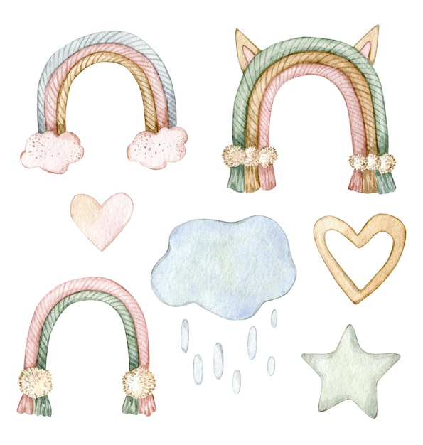 Foto conjunto de ilustración de acuarela con estrella de corazones de nube de arco iris de juguete aislado sobre fondo blanco