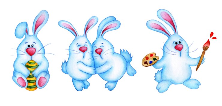 Foto conjunto de ilustración acuarela de lindos conejitos de pascua azules. liebre con huevo, conejitos abrazados, conejo con paleta. pascua, religión, tradición. aislado sobre fondo blanco. dibujado a mano.