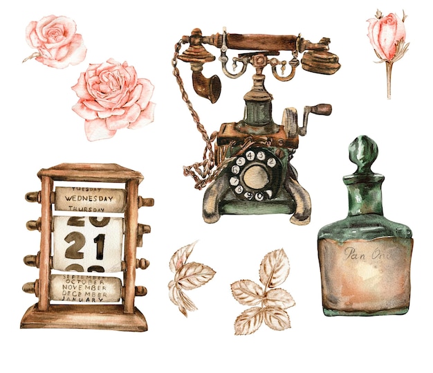 Conjunto de ilustración de acuarela de viejos elementos oxidados con flores de rosas