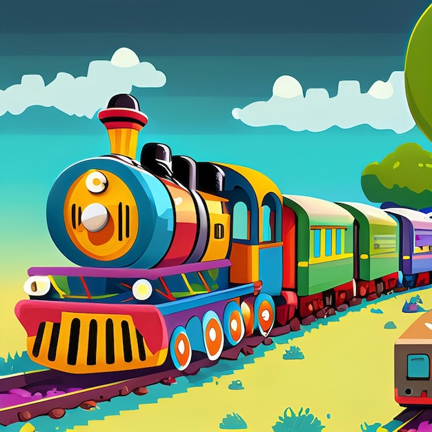 Foto conjunto de ilustración de estilo de dibujos animados de tren