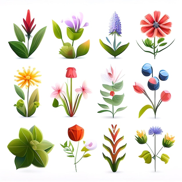 Conjunto de ilustración de flores y estilo de vector de hoja para gráficos creados con tecnología de IA generativa