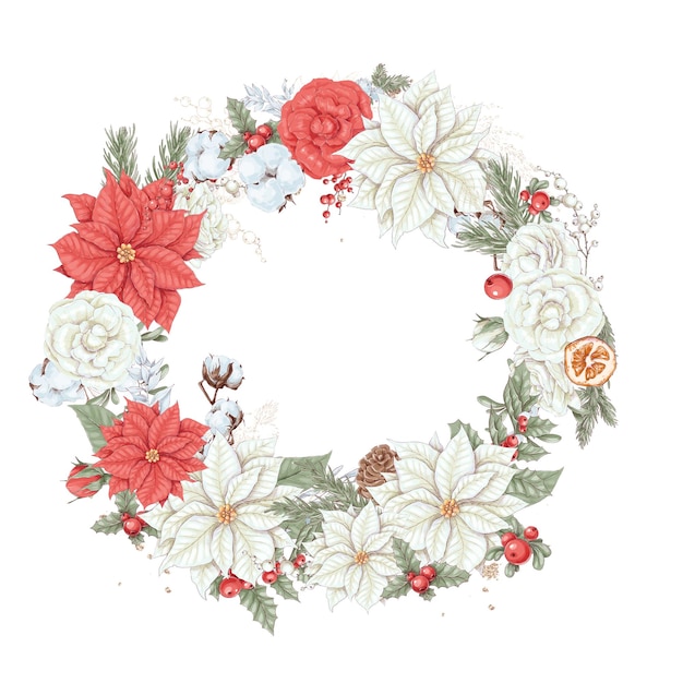 Conjunto de ilustración navideña corona de flores de invierno poinsettia algodón y naranja