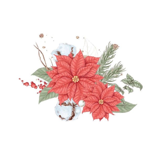 Conjunto de ilustración navideña de ramo de flores de invierno poinsettia algodón y naranja