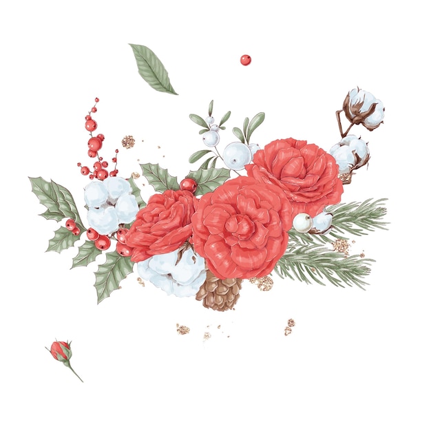 Conjunto de ilustración navideña de ramo de flores de invierno poinsettia algodón y naranja