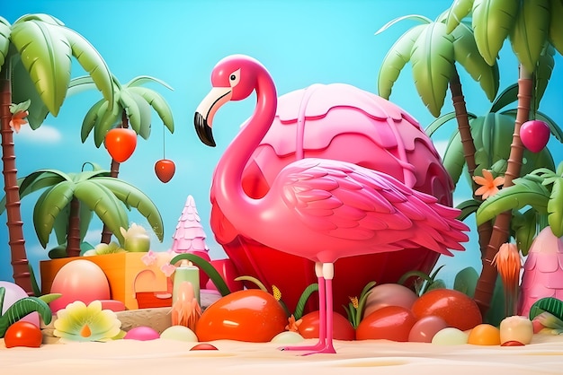 Conjunto de ilustraciones 3D del flamenco juguete inflable sandía palmeras conchas salpicaduras de agua generativo ai