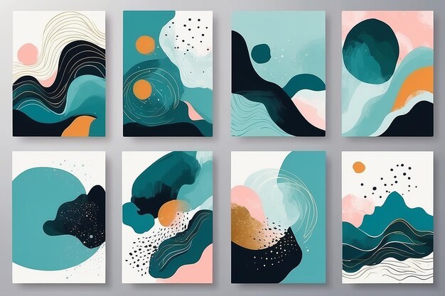 Conjunto de ilustraciones abstractas pintadas a mano para decoración de paredes, postales y pancartas de redes sociales