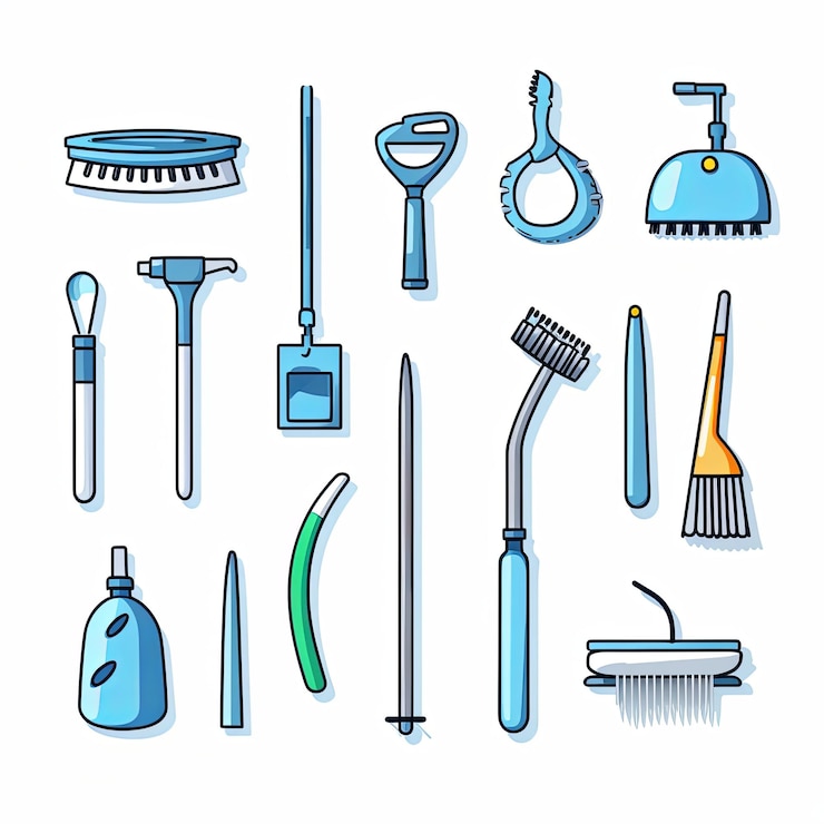Foto conjunto de ilustraciones de accesorios de baño y artículos de higiene personal