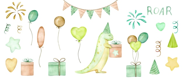 Un conjunto de ilustraciones en acuarela para una fiesta de cumpleaños con un dinosaurio con un gorro de fiesta.