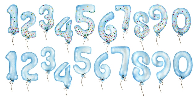Conjunto de ilustraciones en acuarela de figuras de globos azules aisladas sobre un fondo blanco
