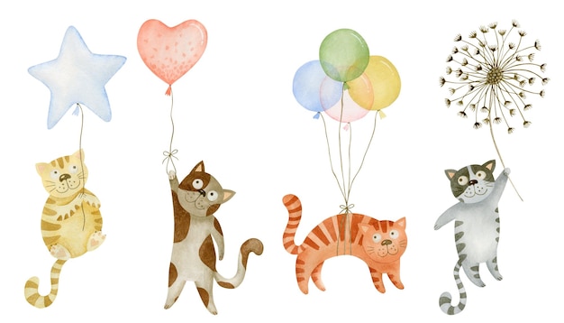 Conjunto de ilustraciones en acuarela de gatos en un globo