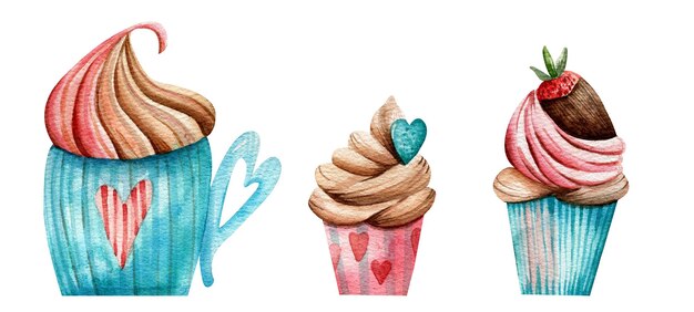 Conjunto de ilustraciones acuarela pastel de chocolate fresas pastel de cacao día de San Valentín