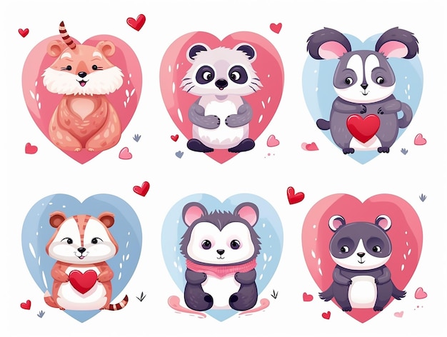 Foto conjunto de ilustraciones de animales en color agua animales lindos corazones y flores tarjeta de amor para san valentín