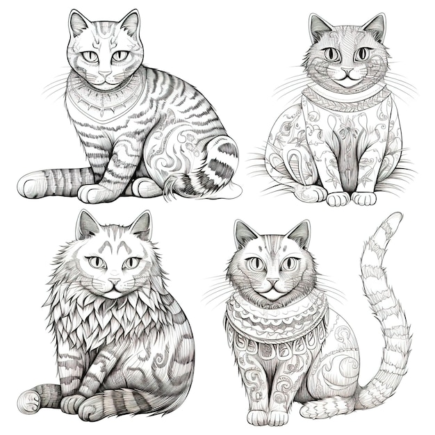 Un conjunto de ilustraciones de arte lineal de gatos clipart diseño escandinavo