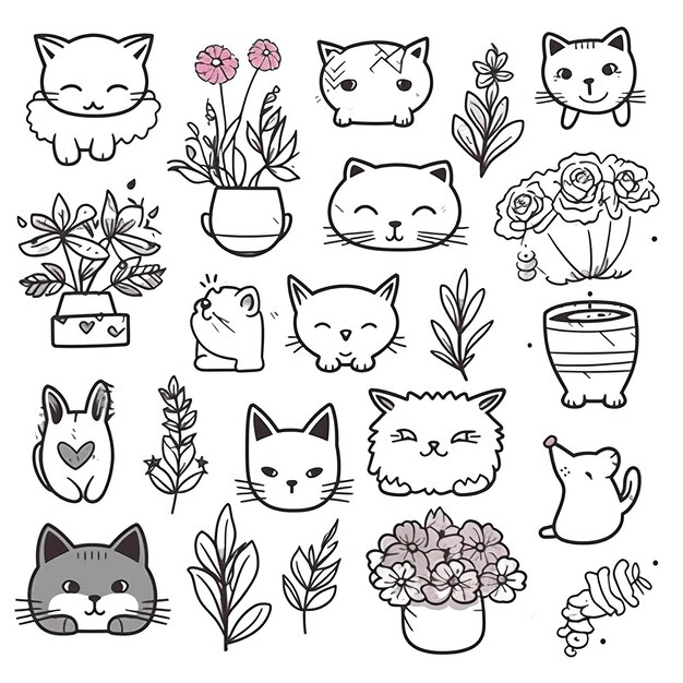 Un conjunto de ilustraciones de arte lineal de gatos clipart diseño escandinavo