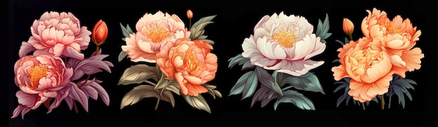 Conjunto de ilustraciones artísticas que representan peonías Hermoso ramo floral para impresión textil