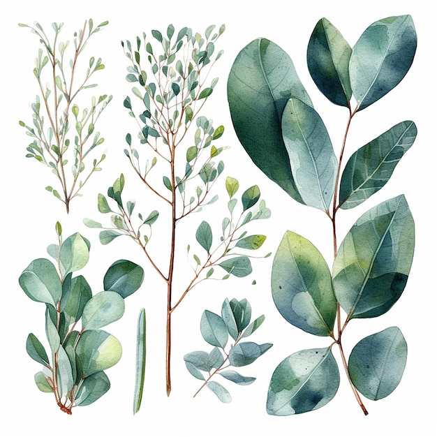 Un conjunto de ilustraciones botánicas de acuarela planta verde de eucalipto y hojas
