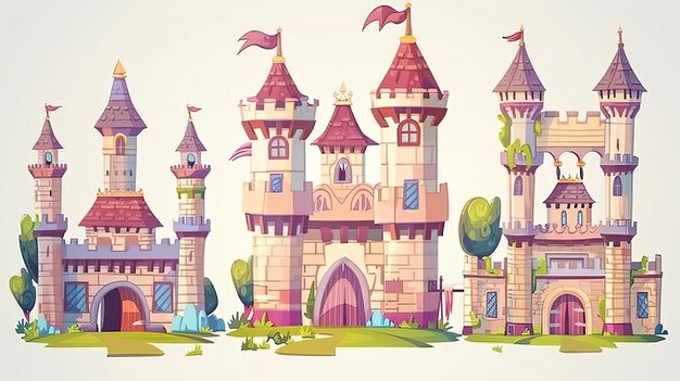 Conjunto de ilustraciones de dibujos animados de fantasía cuento de hadas antiguo reino fortificación palacio o castillo con bandera en las ventanas de la torre y la puerta