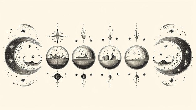 conjunto de ilustraciones de fases lunares de diferente estilo sobre fondo blanco
