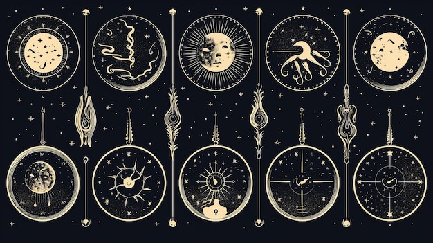 conjunto de ilustraciones de fases lunares de diferente estilo sobre fondo negro