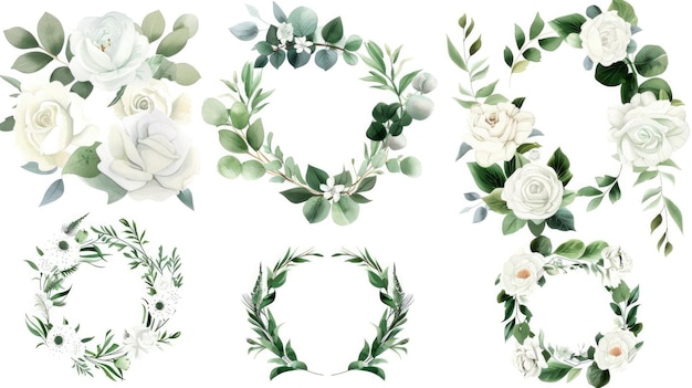 Conjunto de ilustraciones florales en acuarela ramos y coronas con flores blancas y vegetación