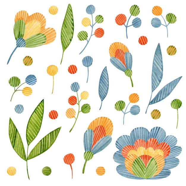 Conjunto de ilustraciones de flores en el arte popular. Flores bordadas.