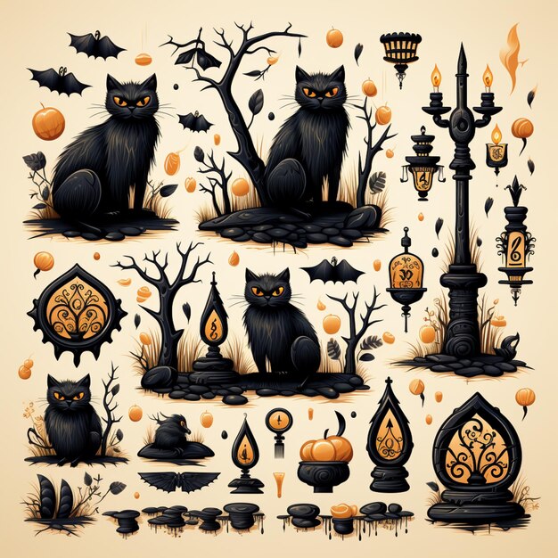 Foto conjunto de ilustraciones de halloween con gatos negros y calabazas generativo ai