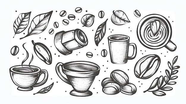 Foto un conjunto de ilustraciones a mano sobre el tema del café las ilustraciones incluyen varios tipos de tazas de café, granos de café y hojas de café.