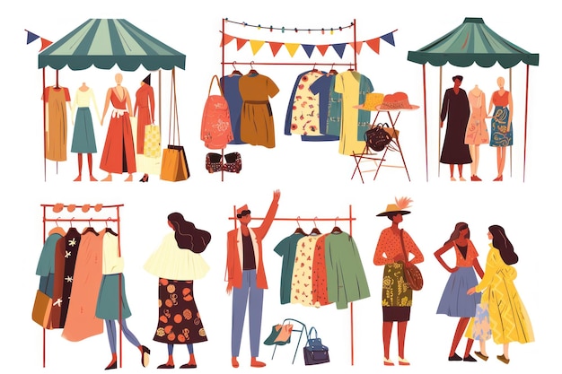 Conjunto de ilustraciones del mercado de pulgas Personaje comprando ropa vintage de segunda mano en el mercado callejero Concepto de donación de moda y ropa ecológica sostenible