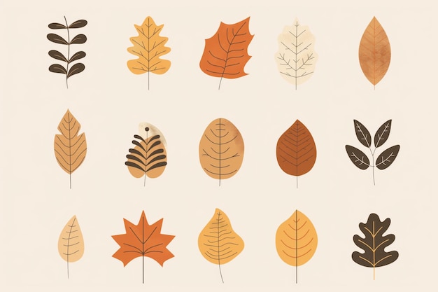 Conjunto de ilustraciones minimalistas de hojas de otoño en tonos cálidos de tierra