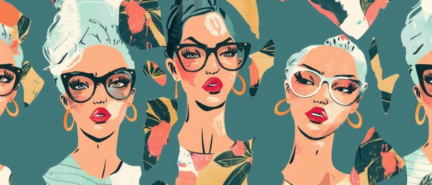 Conjunto de ilustraciones modernas dibujadas a mano de caras de abuelas con cabello gris y accesorios modernos