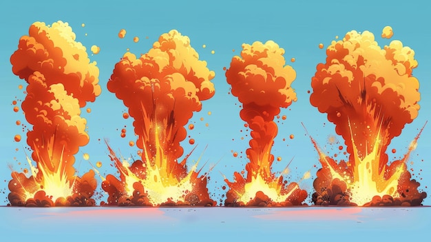 Foto conjunto de ilustraciones modernas que muestran una explosión de energía cómica con efecto vfx de velocidad de nube de humo de llama de dibujos animados y explosión flash promocional
