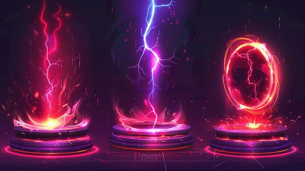 Conjunto de ilustraciones modernas que muestran un portal de juego de neón rojo con relámpagos y brillo Podium de teletransporte mágico con vigas para el concepto de gui Cyberpunk puerto luminoso redondo con efecto de rayo