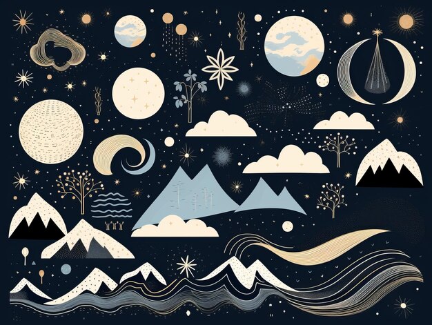 Foto un conjunto de ilustraciones con montañas nubes y estrellas