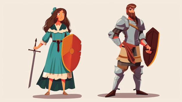 Conjunto de ilustraciones de personajes medievales una mujer joven con ropa en la pelvis y un caballero en armadura de metal con escudo y espada a su lado
