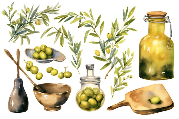 Un conjunto de ilustraciones para un restaurante llamado aceite de oliva