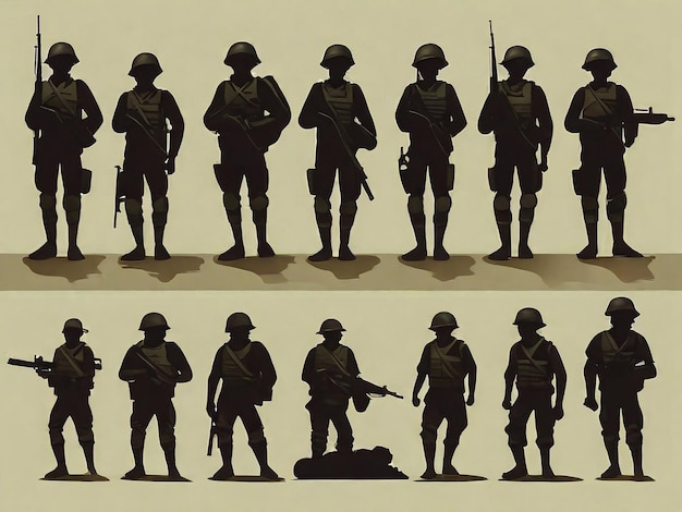 Foto conjunto de ilustraciones de silueta de soldado de diseño plano