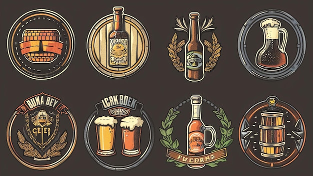 Un conjunto de ilustraciones temáticas de cerveza vintage Las ilustraciones incluyen tazas de cerveza botellas barriles y lúpulo