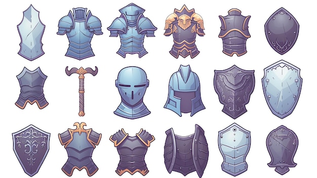 Un conjunto de ilustraciones vectoriales de la armadura de fantasía