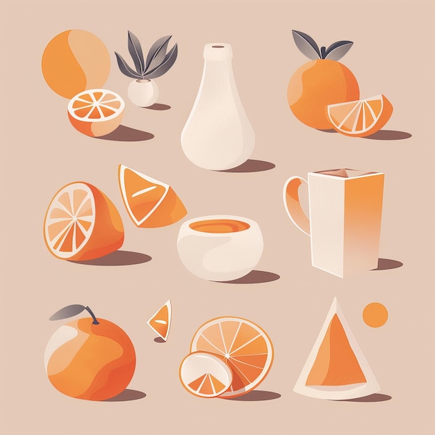 Conjunto de ilustraciones vectoriales dibujadas a mano con naranjas, pomelos y tazas