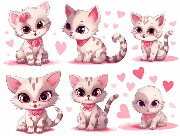 Conjunto de ilustraciones vectoriales de dibujo lindo gato dulce enamorado para el día de San Valentín con corazón rosa amor estilo dibujos animados Doodle