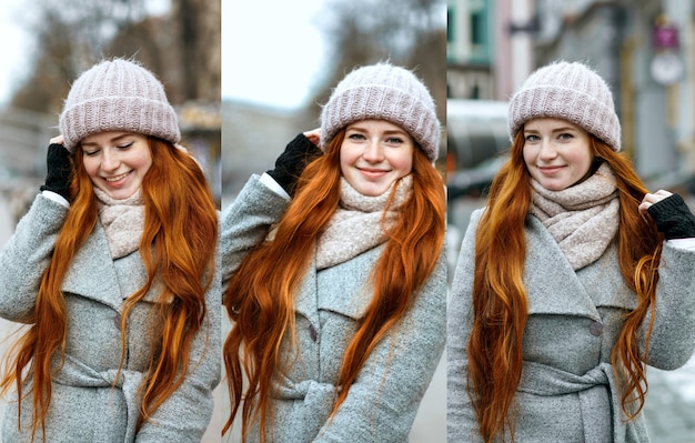 Conjunto de imágenes con mujer pelirroja positiva disfrutando de las vacaciones de invierno