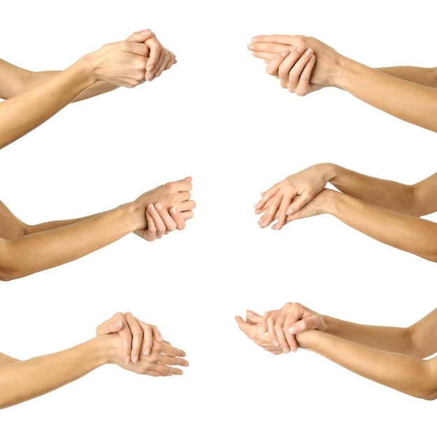 Foto conjunto de imágenes múltiples de mano caucásica femenina con manicura francesa aplicando crema en las manos