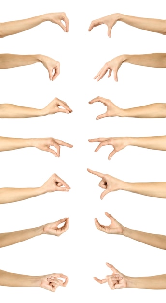 Conjunto de imágenes múltiples de mano caucásica femenina con manicura francesa Manos midiendo algo