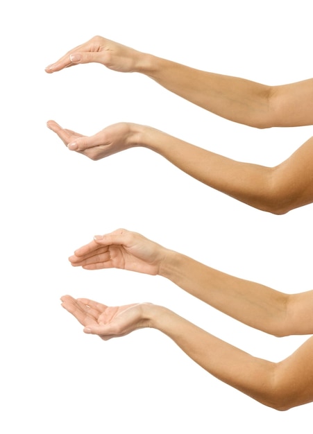 Conjunto de imágenes múltiples de una mano femenina caucásica con manicura francesa que muestra el gesto de las manos ahuecadas