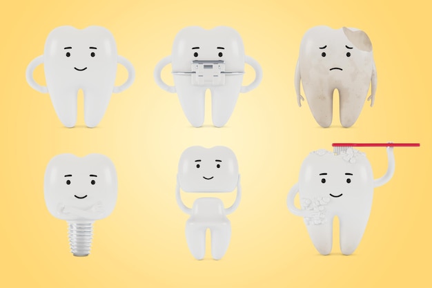 Conjunto de imágenes de personajes de dibujos animados de dientes. El concepto de examen dental de los dientes, salud dental e higiene. Ilustración 3D.