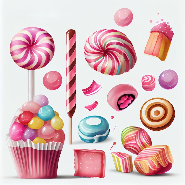 Conjunto de imágenes prediseñadas de caramelo colorido acuarela aislado sobre fondo blanco con espacio de copia Colección de alimentos dulces IA generativa