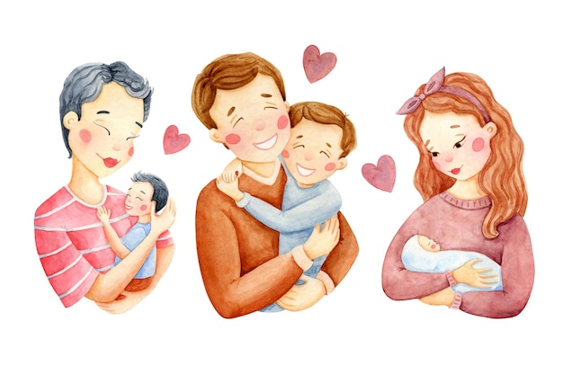 Conjunto de imágenes prediseñadas familiares Ilustraciones en acuarela con niños y padres Colección madre padre hijo